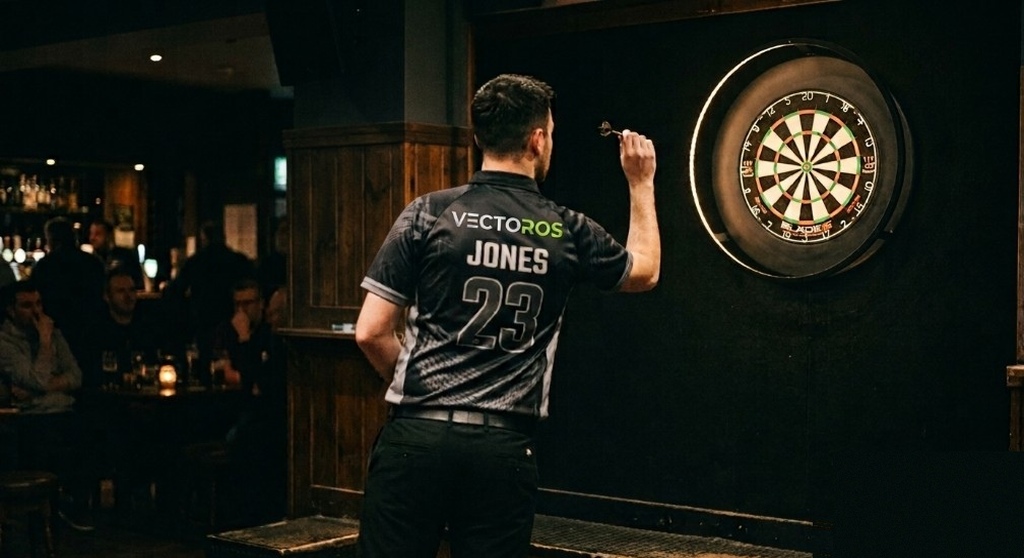 Player in a VectorOS jersey throwing at the dartboard