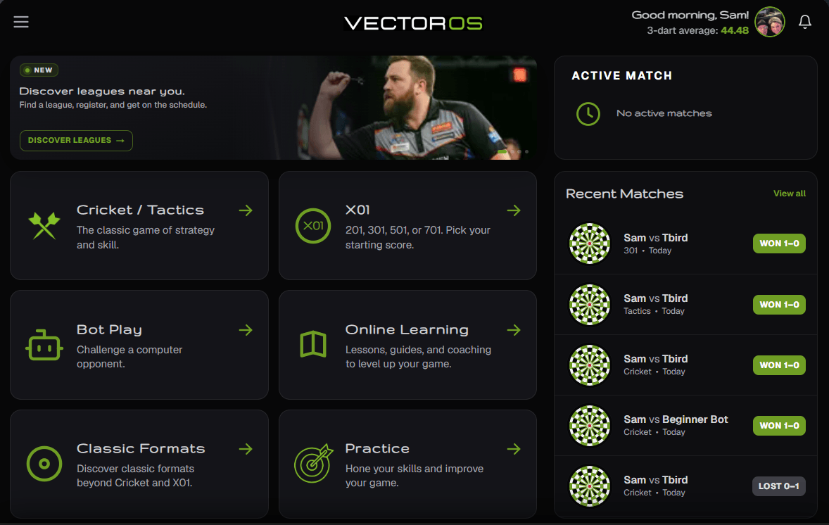 VectorDarts home dashboard