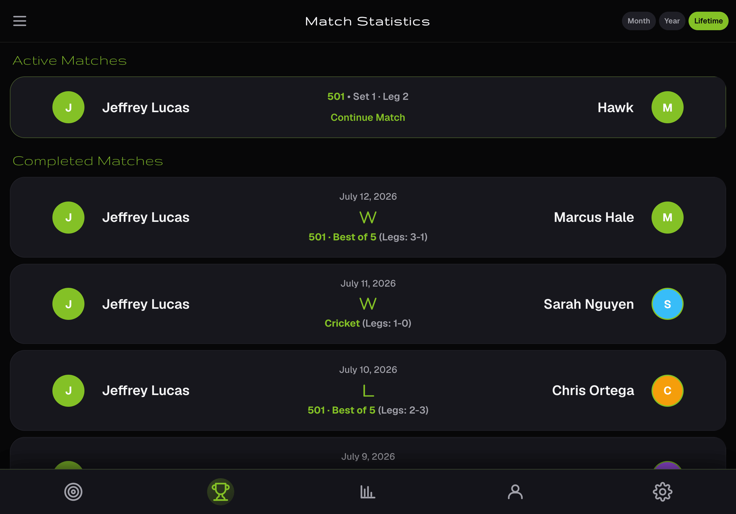 VectorOS match play history and active matches
